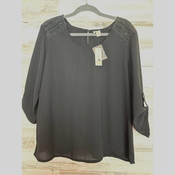 Japna women's XL Gray roll cuff lightweight blouse topm new boho pullover lace - Picture 1 of 6